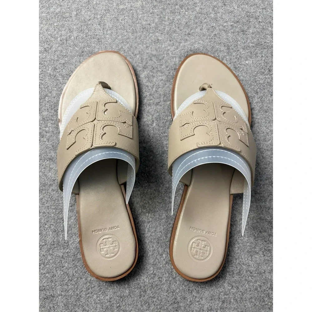 Tory Burch Womens Leather Thong Sandals Taupe Beige Size 8M Embossed Logo